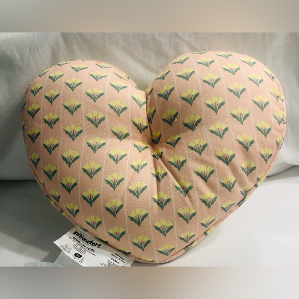 Heart pillow double side decorated flowers pink beige.15inX12in